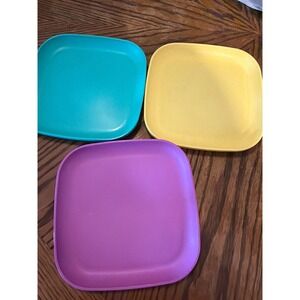 Vintage Tupperware Square Plates Set of 3 Teal Yellow Purple 8 Inch Luncheon